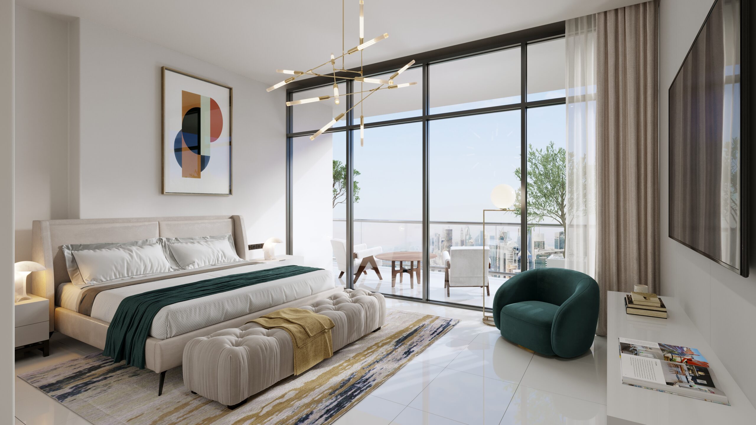 Primary bedroom with private balcony and views of the Dubai skyline