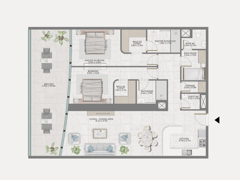 Two bedroom floor plan at Al Habtoor Tower