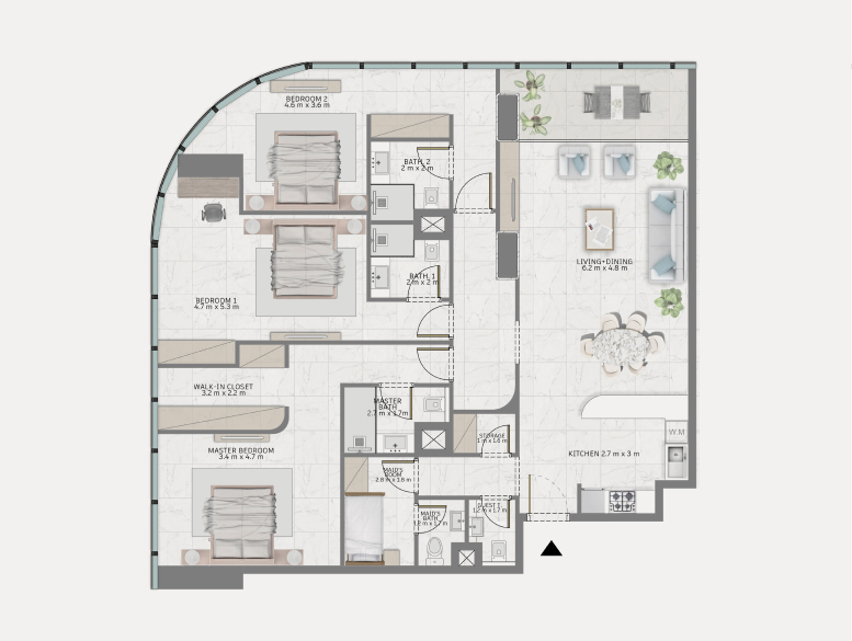Three bedroom floor plan at Al Habtoor Tower